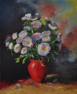 Bouquet de fleurs blanches et mauves (46x38)